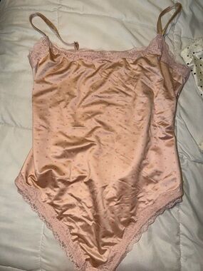 NEW! took the tags off satin Lace-Trim Polka Dot Chemise Bodysuit - Blush Pink